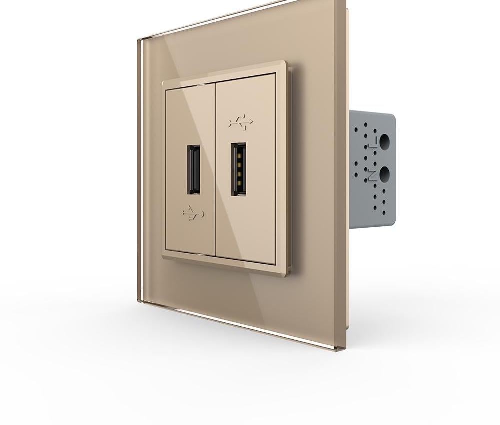 Розетка двойная LIVOLO USB с блоком питания настенная стеклянная рамка Золотой (VL-C7FCUA/FCUA-2AP)
