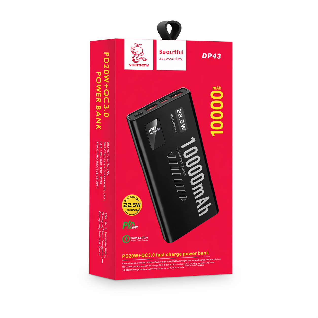 Повербанк Denmen DP43 10000 mAh 22,5W PD QC 3.0 с дисплеем Черный