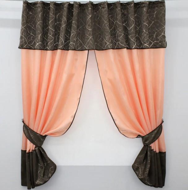 Занавеска на кухню с ламбрекеном 270х170 см Персиковый/Коричневый (073к)