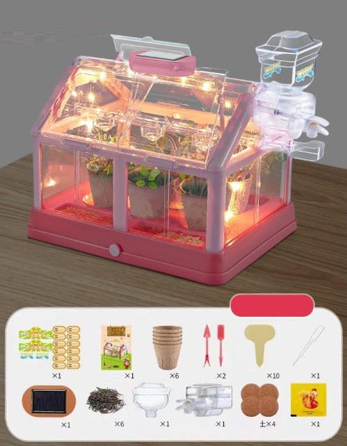 Набор для выращивания растений Мини Теплица с системой полива и солнечными светодиодными лампами Розовый (425/1) - фото 5