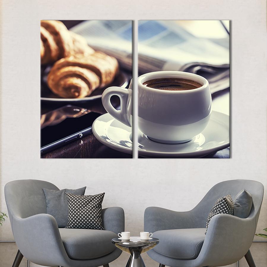 Настенный декор диптих картина на холсте для интерьера Кофе и круассаны на завтрак 71x51 см (288-2)