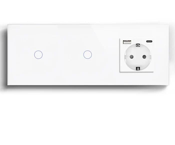 Выключатель сенсорный LUXION 2 сенсоры 1-1 с розеткой USB A+C 20Вт с заземлением/шторками стекло Белый