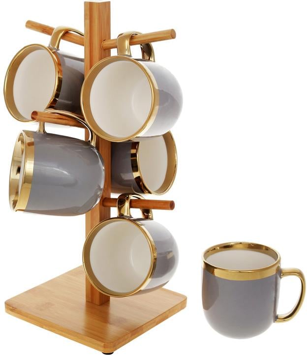 Чайный набор золотой линии на бамбуковой стойке 6 шт. 320 мл Серый Чайный набор золотой линии на бамбуковой стойке 6 шт. 320 мл Серый