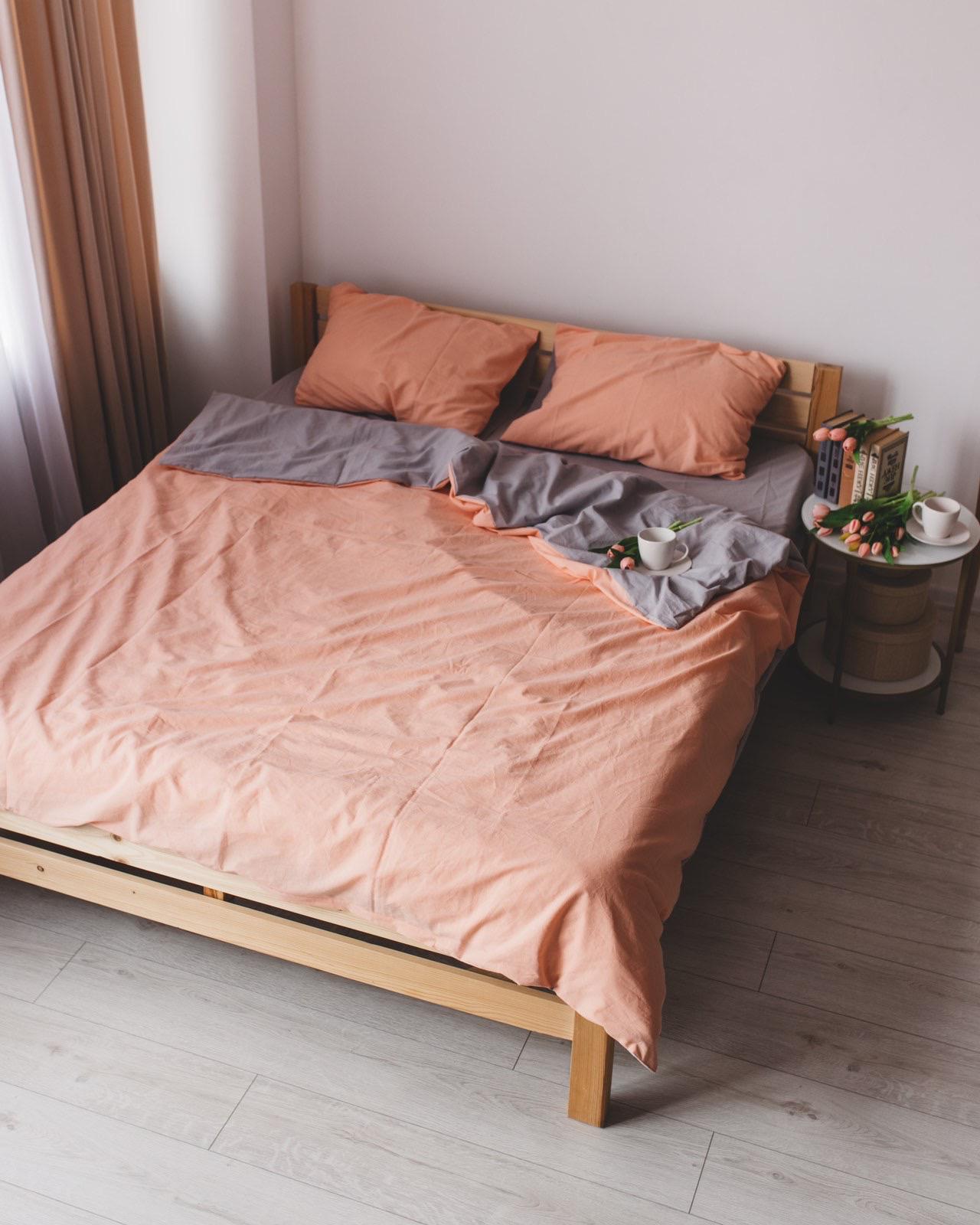 Комплект постельного белья на резинке База вареный хлопок евро/наволочки 50х70/70х70 см Коралловый/Серый (6678)