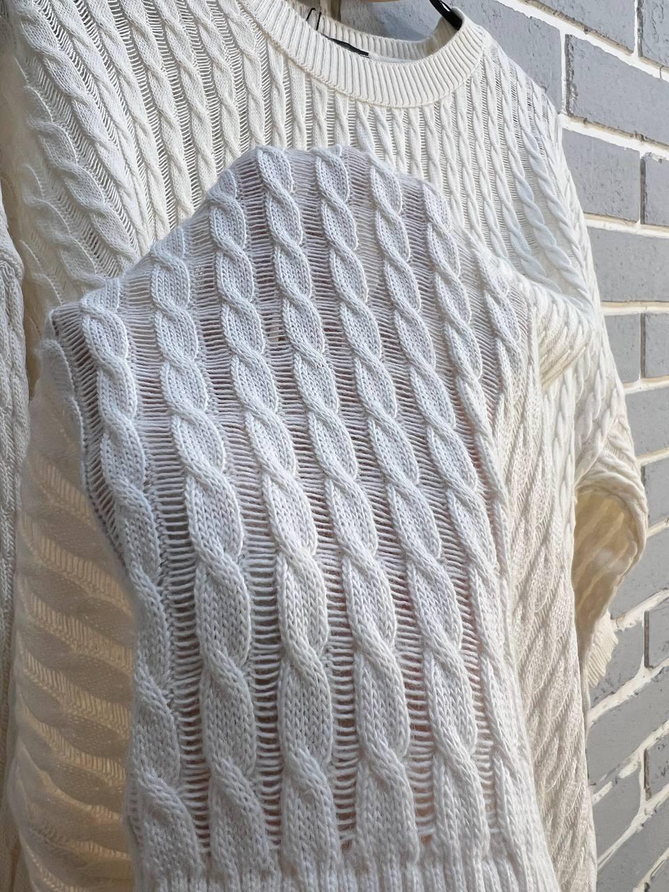 Джемпер женский KARON 10646 полупрозрачный реглан ажурная вязка косичка короткий рукав OS Молочный (1248) - фото 6