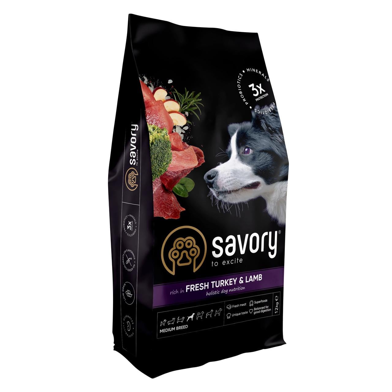 Сухой корм для собак средних пород Savory 12 кг индейка и ягненок Сухой корм для собак средних пород Savory 12 кг индейка и ягненок