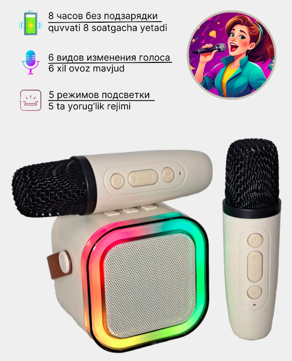 Колонка портативная с микрофонами Winso K12 10 W RGB Bluetooth/USB microSD AUX (VP-510) - фото 3