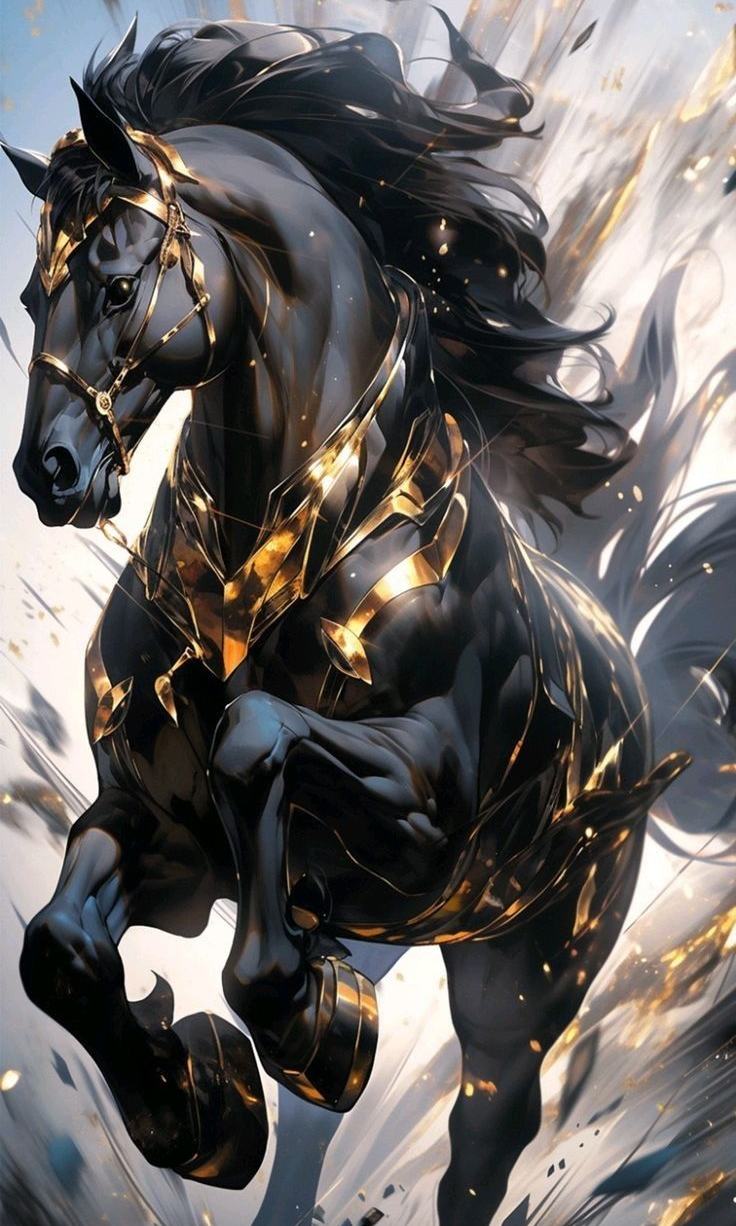 Алмазная мозаика Черная лошадь в золоте полная выкладка/квадратные камни/на подрамнике 30х50 см (AS 305046П)