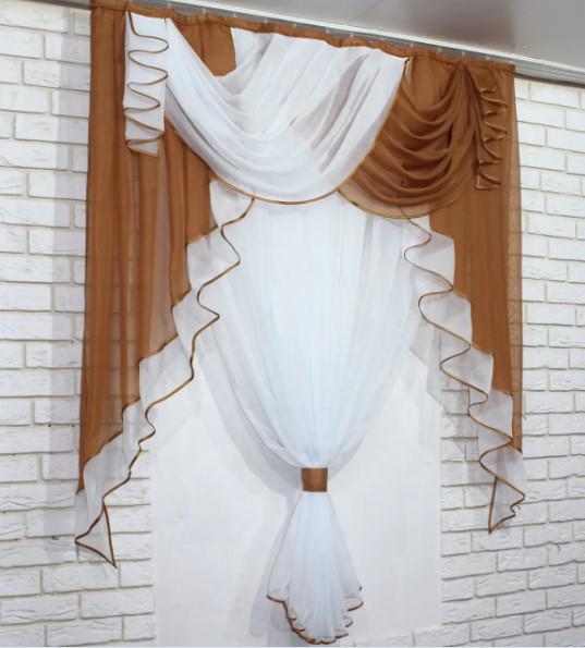 Комплект штор на кухню тюль и ламбрекен 150х170 см Коричневый/Белый (067к) - фото 3 Комплект штор на кухню тюль и ламбрекен 150х170 см Коричневый/Белый (067к) - фото 3