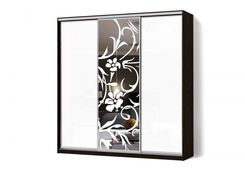 Шкаф-купе Luхe 3 двери Пескоструй/Пескоструй/Пескоструй рисунок 5nr + матовое зеркало 7 CLS-IV 2300х2000х600 мм Венге магия (40423)