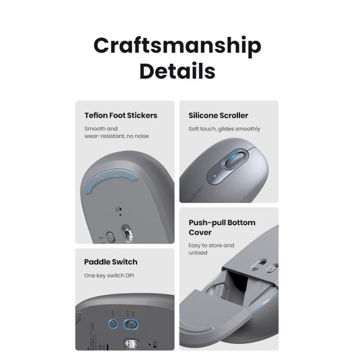 Компьютерная мышка беспроводная UGREEN MU105 2.4G/800/1200/1600/2400 DPI Gray (UGR-90669) - фото 4 Компьютерная мышка беспроводная UGREEN MU105 2.4G/800/1200/1600/2400 DPI Gray (UGR-90669) - фото 4