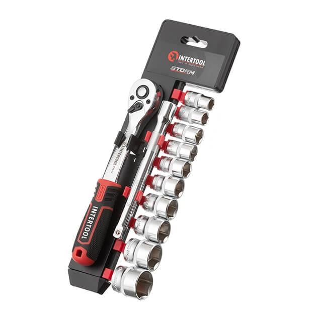 Набір головок Intertool Cr-V STORM 3/8" 10-24 мм подовжувач рукоятка з храповим механізмом 72 зубця 12 од. (ET-8013)