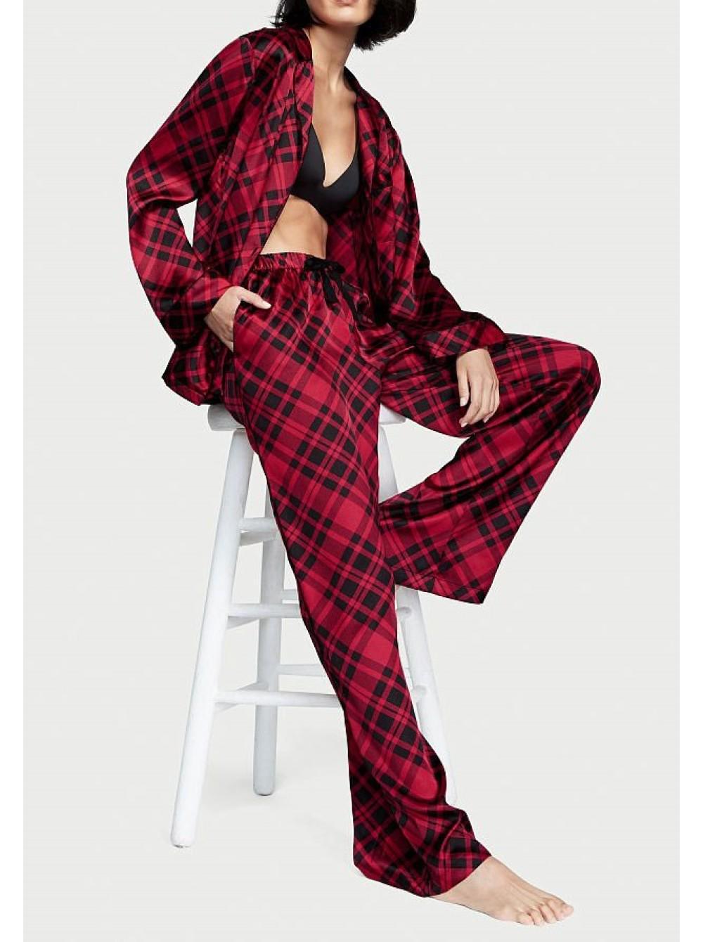 Піжама сорочка/штани сатинова Victoria's Secret Satin Long Pajama Set XS клітинка Червоний (26561513)