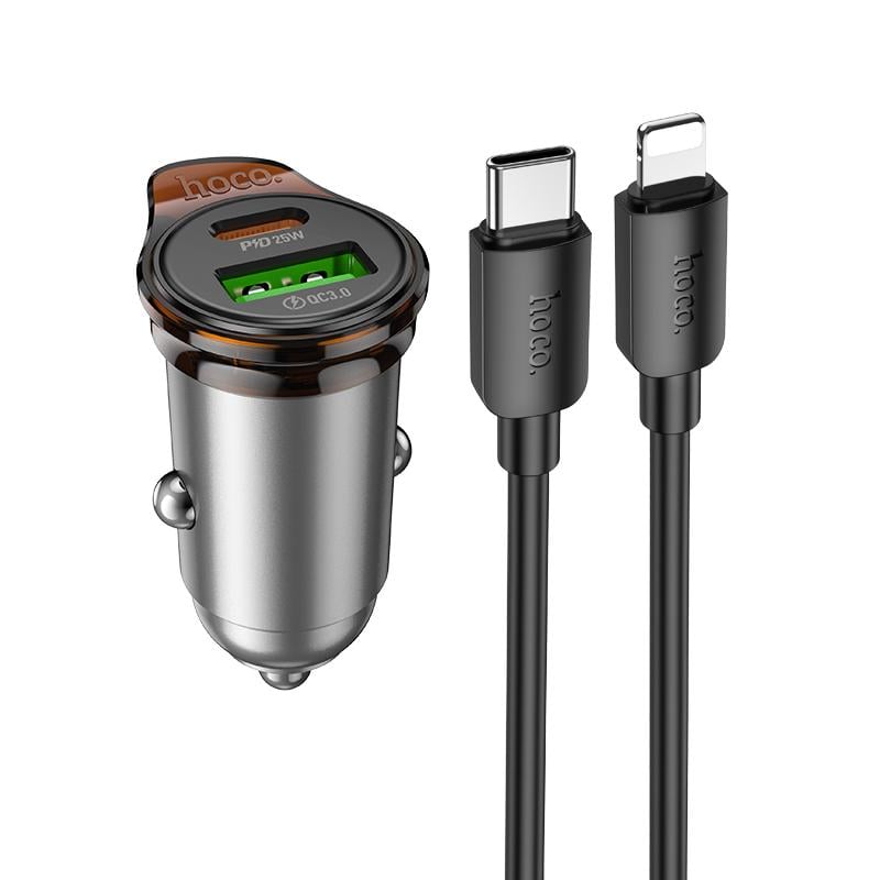 Зарядное устройство для телефонов Hoco NZ16A Rigorous 43W dual port PD25W+QC3.0 car charger set C-iP Metal Grey (24823)