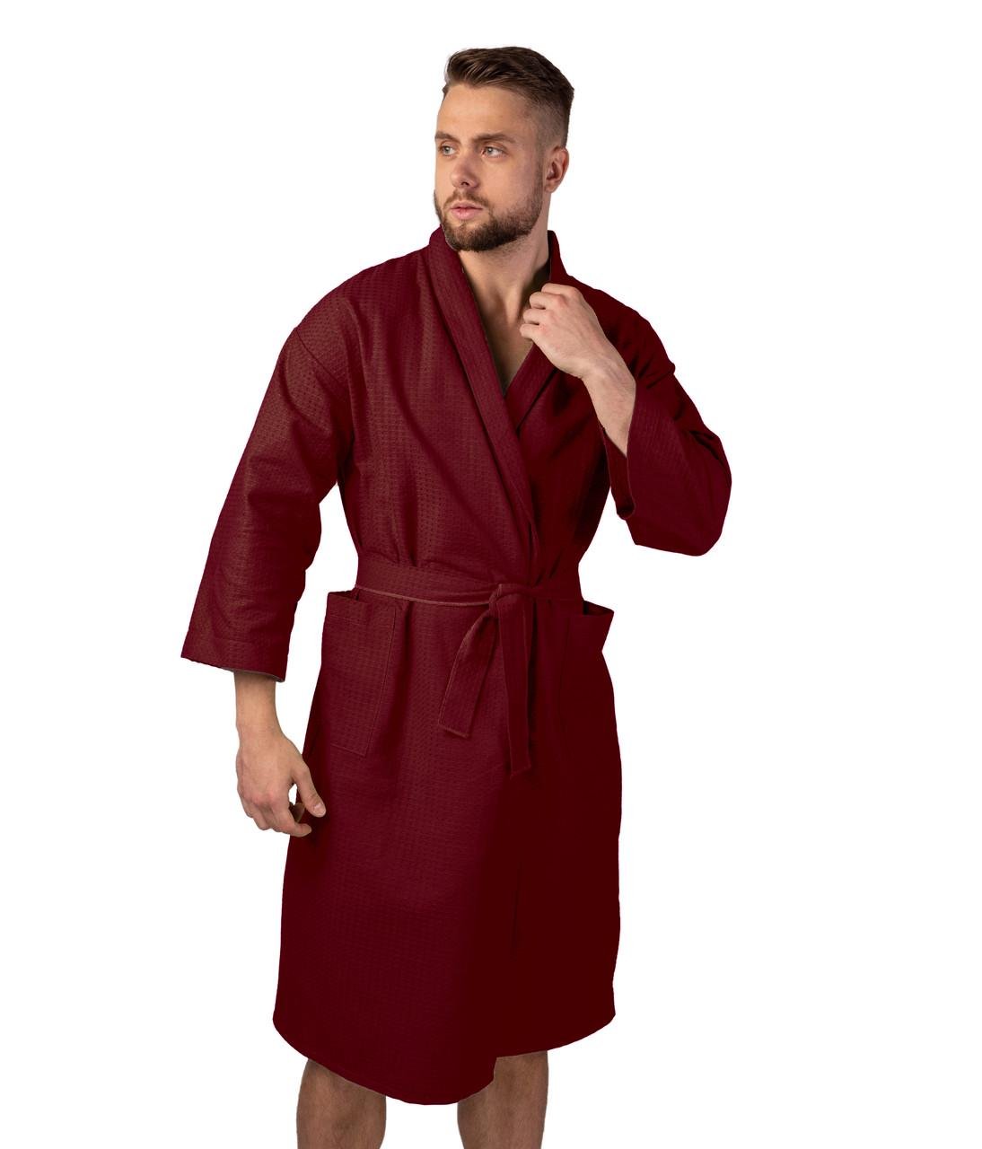Халат вафельний Luxyart Кімоно р. 46-48 М бавовна Бордовий (LS-8772)