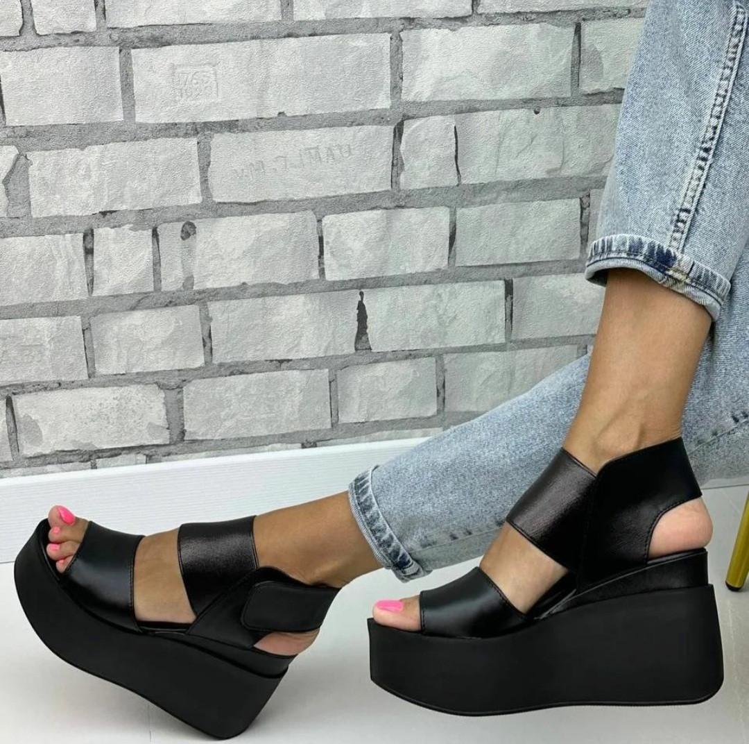 Босоножки женские на танкетке натуральная кожа р. 39/25,5 см Черный (29452)