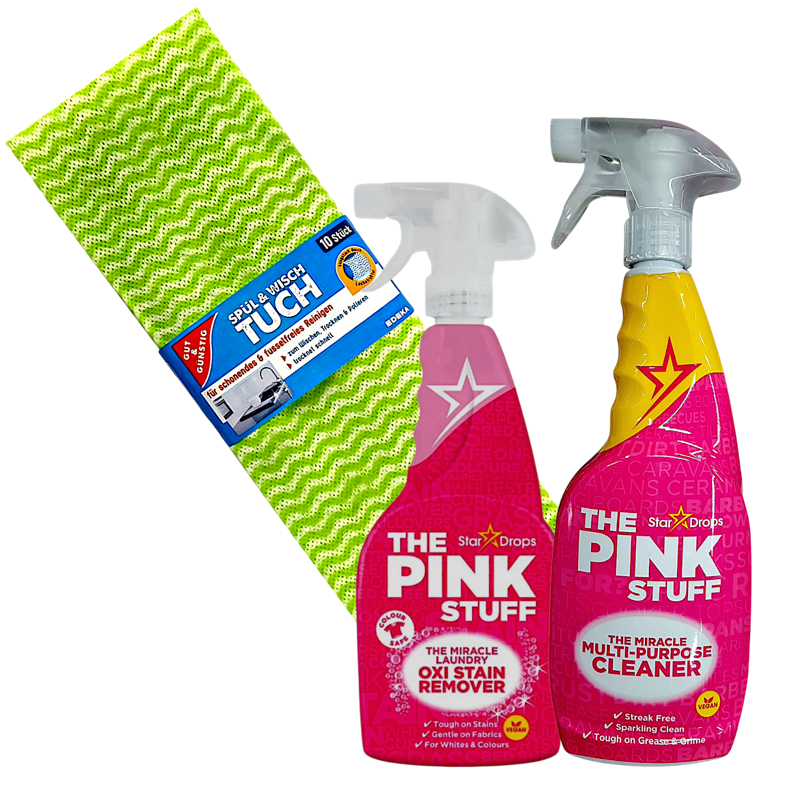 Набор пятновышей The Pink Stuff OXI Stain Remover 500 мл/Multi-Purpose 750 мл с тряпкой Gut & Gunstig Spul-Wischtuch 10 шт. (823682/0186)