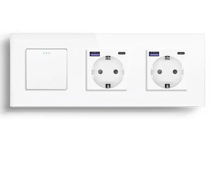 Выключатель перекрестный LUXION с двумя розетками USB A+C 20Вт с заземлением/защитными шторками стекло Белый