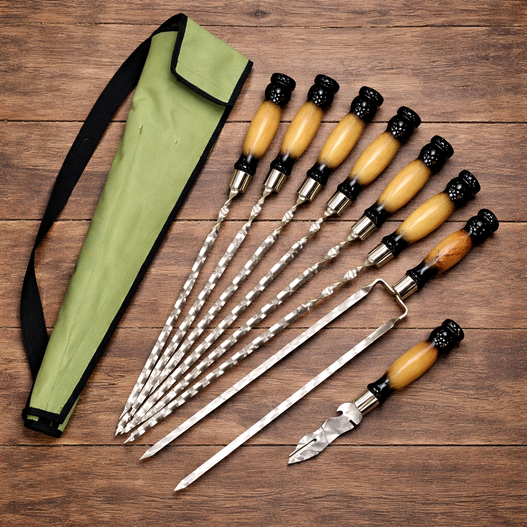 Набір шампурів Ліра 6/1/1 двокольорова ручка в зеленому чохлі (10263)