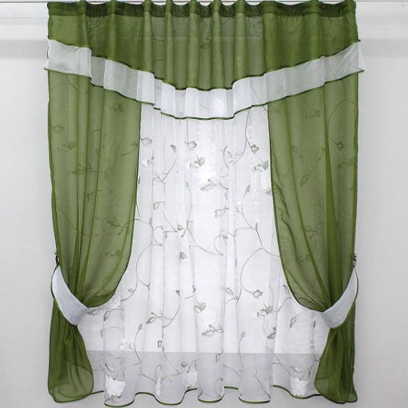 Шторки на кухню с подвязками 280х170 см Оливковый/Белый (081к)