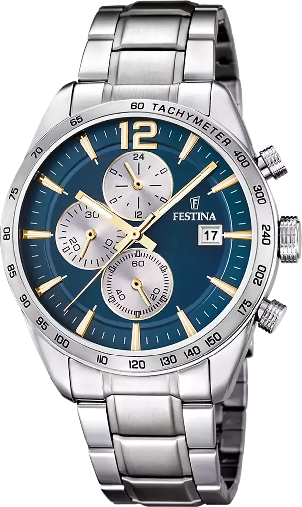Наручные часы мужские Festina F16759/7 Timeless Chronograph со стальным корпусом WR 50 м и синим циферблатом