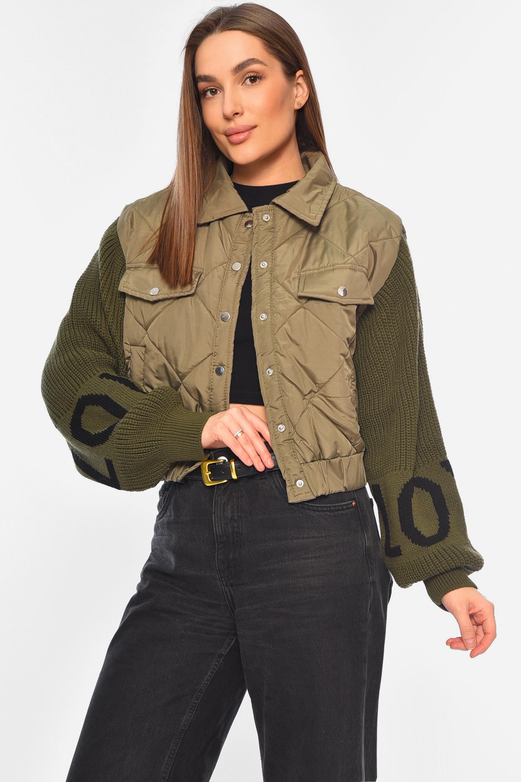 Куртка женская с вязаным рукавом демисезонная L Хаки (186886) - фото 2 Куртка женская с вязаным рукавом демисезонная L Хаки (186886) - фото 2