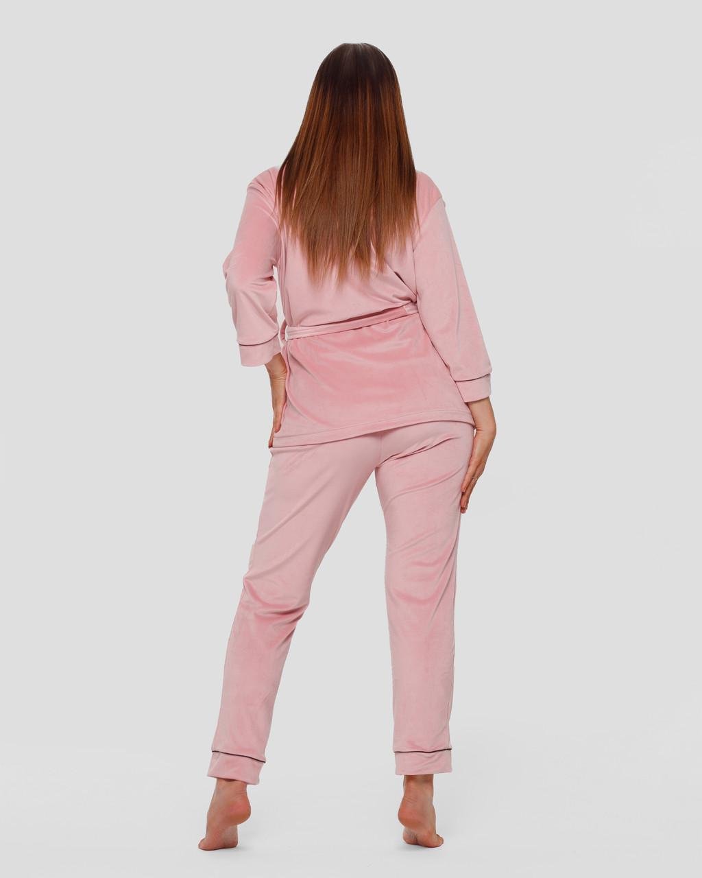 Костюм домашний женский велюровый халат с брюками 3XL Розовый (1805447011) - фото 4 Костюм домашний женский велюровый халат с брюками 3XL Розовый (1805447011) - фото 4