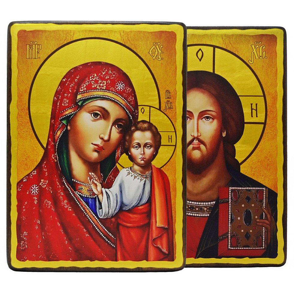 Венчальная пара Божья Матерь Казанская и Спаситель деревянная (4079-20x28)