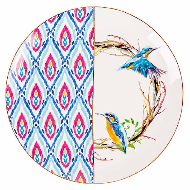 Сервировочная фарфоровая тарелка Light House Птица гжель с розами 26 см Розовый/Синий (925-042)
