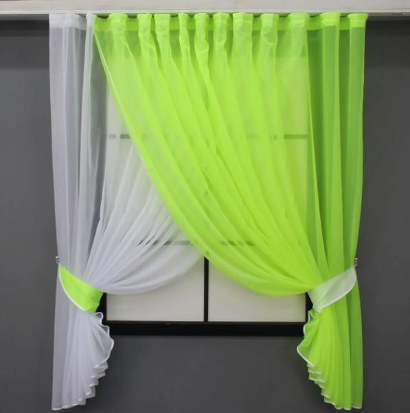 Комплект штор с подвязками на кухню 330х170 см Неоново-салатовый/Белый (060к) Комплект штор с подвязками на кухню 330х170 см Неоново-салатовый/Белый (060к)