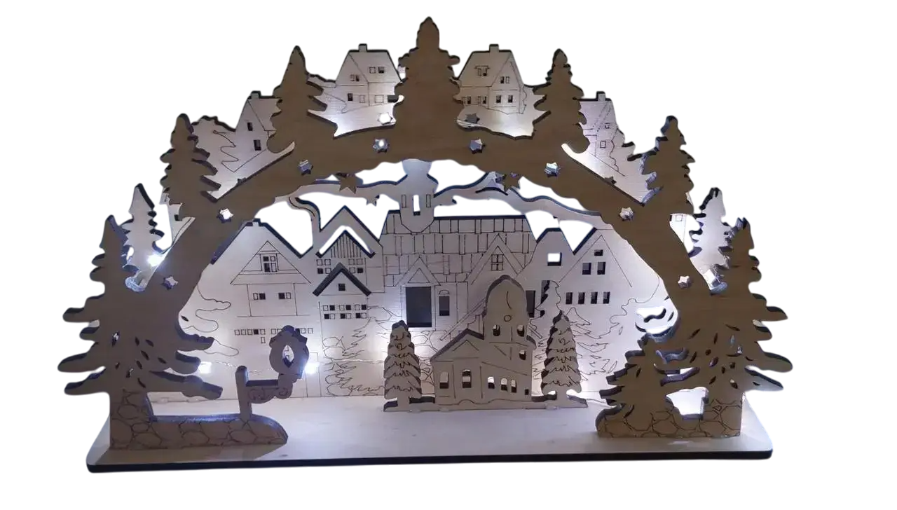 Домик новогодний с подсветкой LED на батарейках из фанеры 33х22х7 см Дерево (150-41-Буд. Н-021)