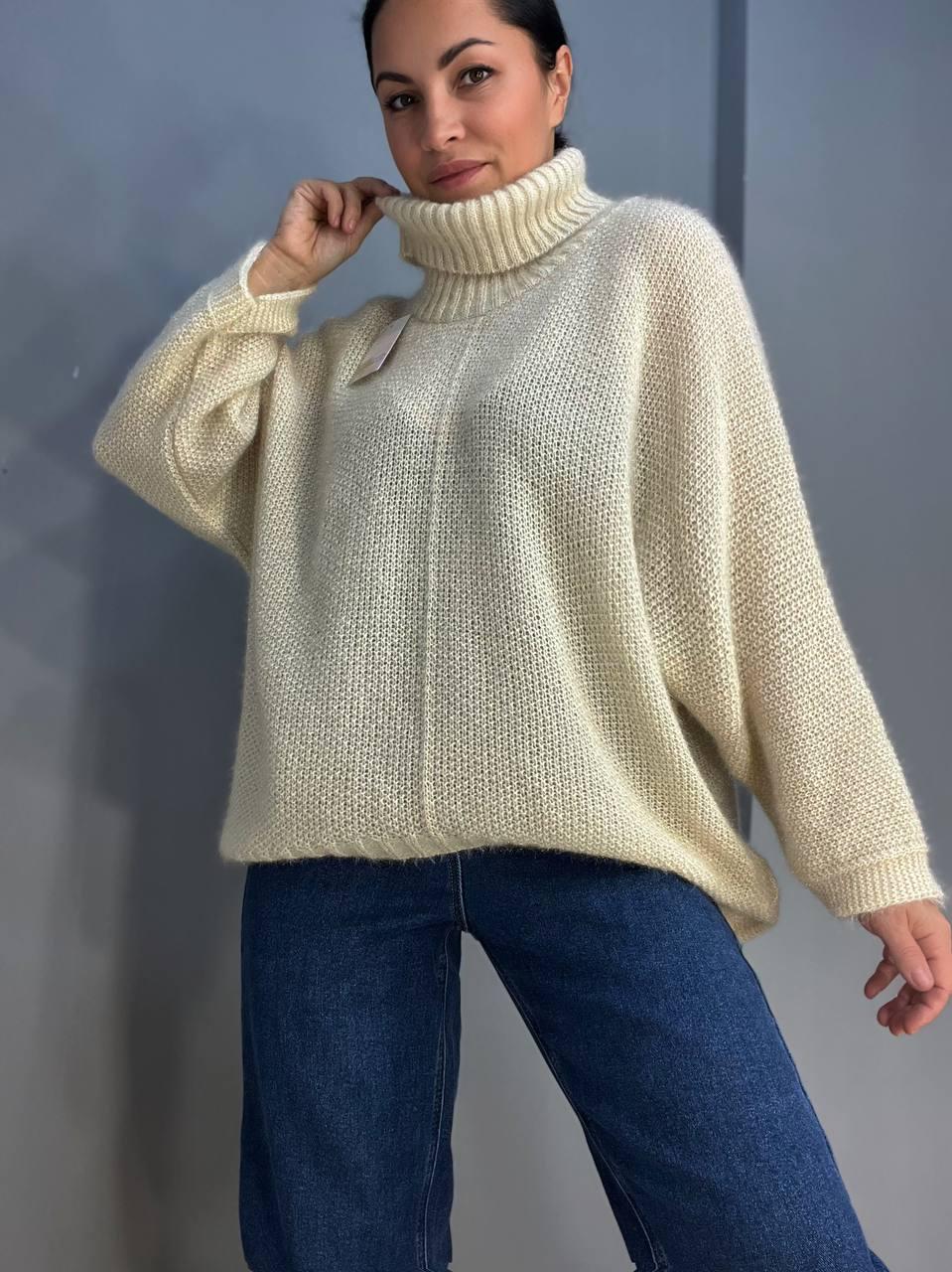 Свитер женский MY FASHION 3267 паутинка оверсайз широкий воротник хомут удлиненный р. 44-48 Бежевый (3117)