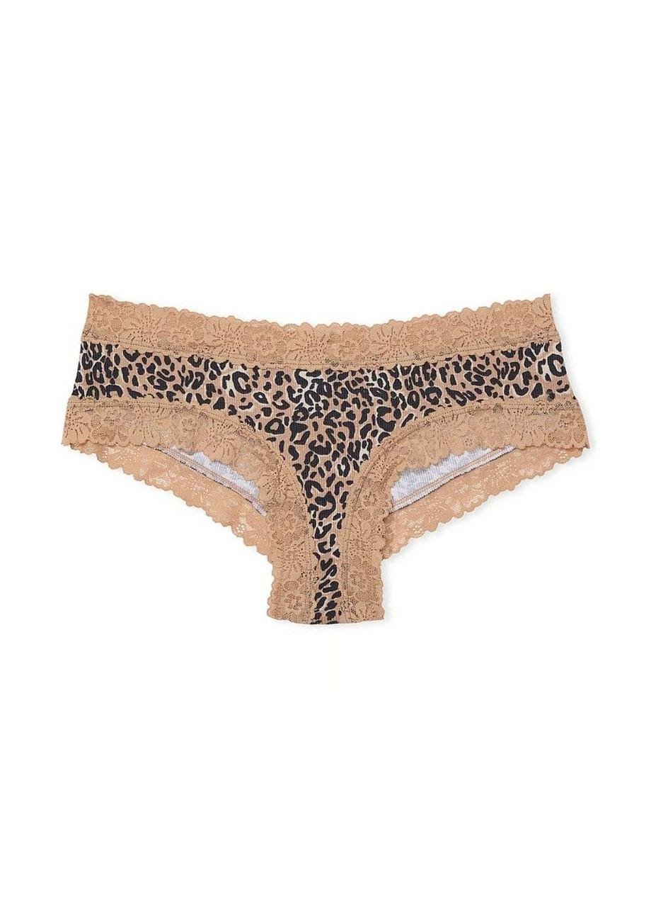 Трусики-чіки жіночі леопардові з мереживом PINK Victoria's Secret S Бежевий (2766434338)
