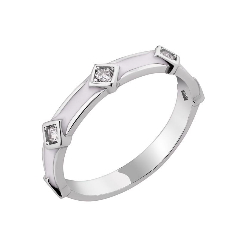 Кольцо серебряное Узор в ромбах белая эмаль и россыпь фианитов р. 18