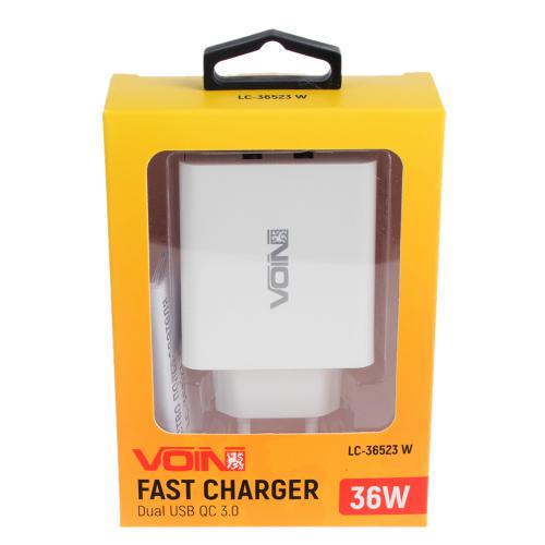 Зарядний пристрій Voin 36W 2USB QC3,0 3.6V-6.5V/3A, 6.5V-9V/2A, 9V-12V/1.5A (LC36523 W) - фото 3