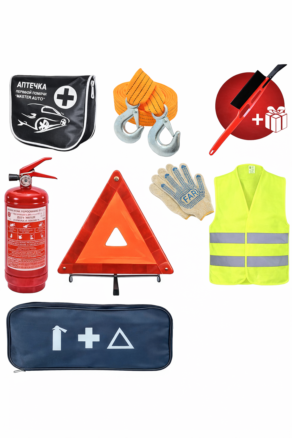 Набор автомобилиста Евростандарт огнетушитель аптечка трос аварийный знак в сумке Automix Р28