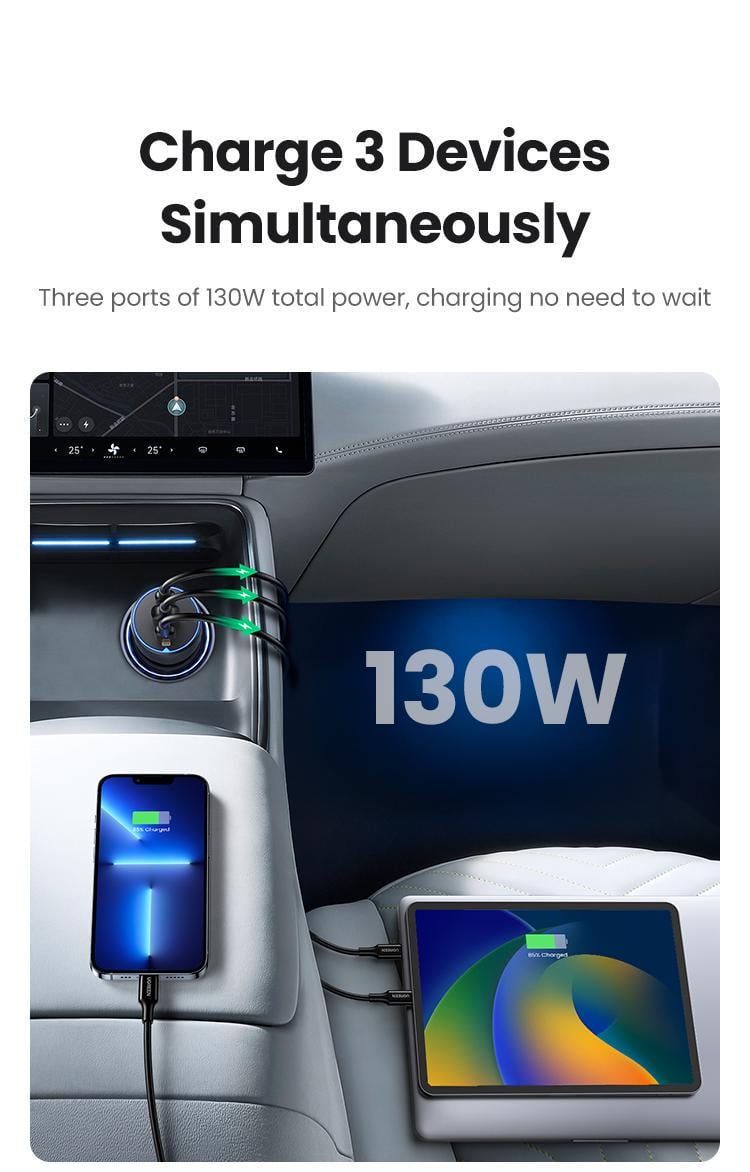 Зарядний пристрій автомобільний UGREEN 130 Вт Type-C/Type-C/USB PD3.0/QC4.0/PPS швидка зарядка Сірий (35025) - фото 12 Зарядний пристрій автомобільний UGREEN 130 Вт Type-C/Type-C/USB PD3.0/QC4.0/PPS швидка зарядка Сірий (35025) - фото 12