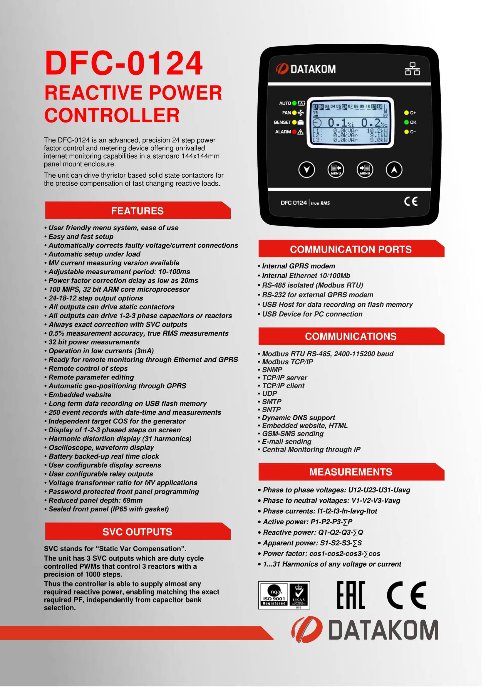 Контролер компенсації реактивної потужності Datakom DFC-0124 128x64 ч/б дисплей 144x144 мм 24 кроків + RS485 + SVC - фото 4