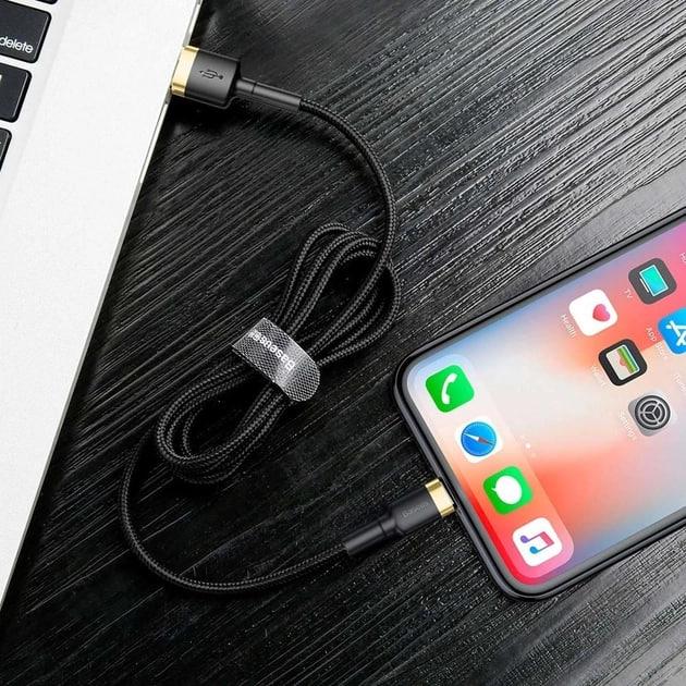 Кабель для быстрой зарядки BASEUS Cafule Cable USB to Lightning 2,4 A 1 м Black/Gold (CALKLF-BV1) - фото 9 Кабель для быстрой зарядки BASEUS Cafule Cable USB to Lightning 2,4 A 1 м Black/Gold (CALKLF-BV1) - фото 9