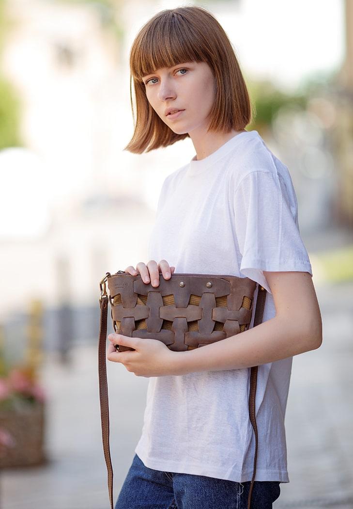 Женская сумка кожаная плетеная Пазл S Crazy Horse Темно-коричневый (A-026648)