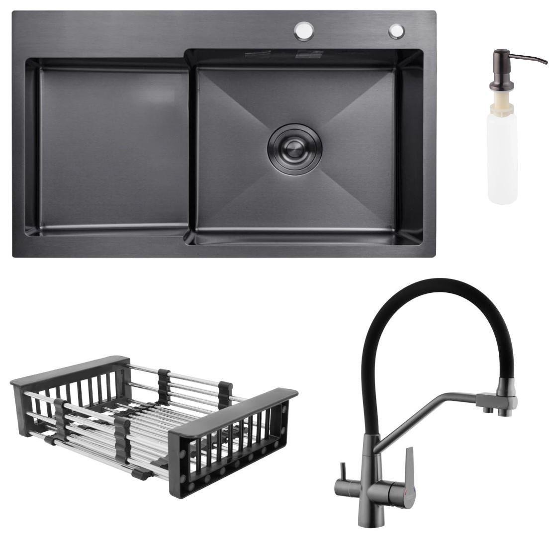 Мойка кухонная Kroner 7848RHM правая и смеситель для кухни с подключением к фильтру Kroner PVD03817BLK