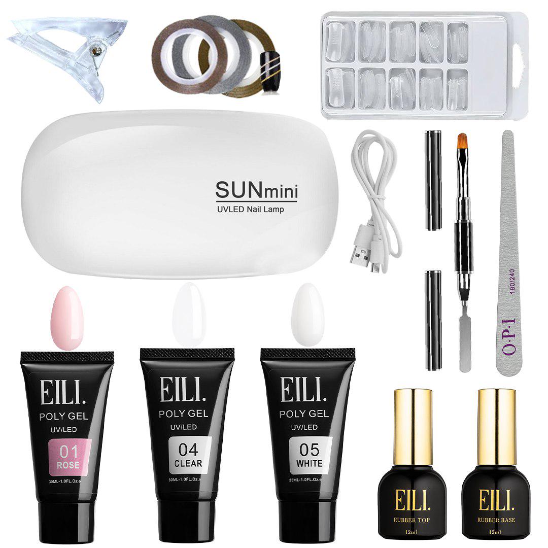 Стартовый набор для наращивания ногтей полигелем с портативной лампой Sun-mini USB/полигель 30 мл/3 шт./база/топ EILI (NBN-11)