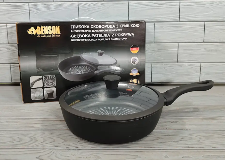 Сковорода глибока з кришкою Benson BN-449 26 см 3,1 л індукційне дно/алмазне антипригарне покриття (ML-05240) - фото 2 Сковорода глибока з кришкою Benson BN-449 26 см 3,1 л індукційне дно/алмазне антипригарне покриття (ML-05240) - фото 2