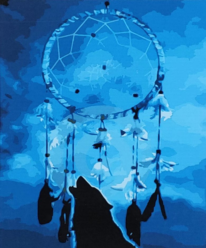 Картина по номерам Strateg Премиум Ловец снов с волком с лаком и уровнем 40x50 см (SY6821)