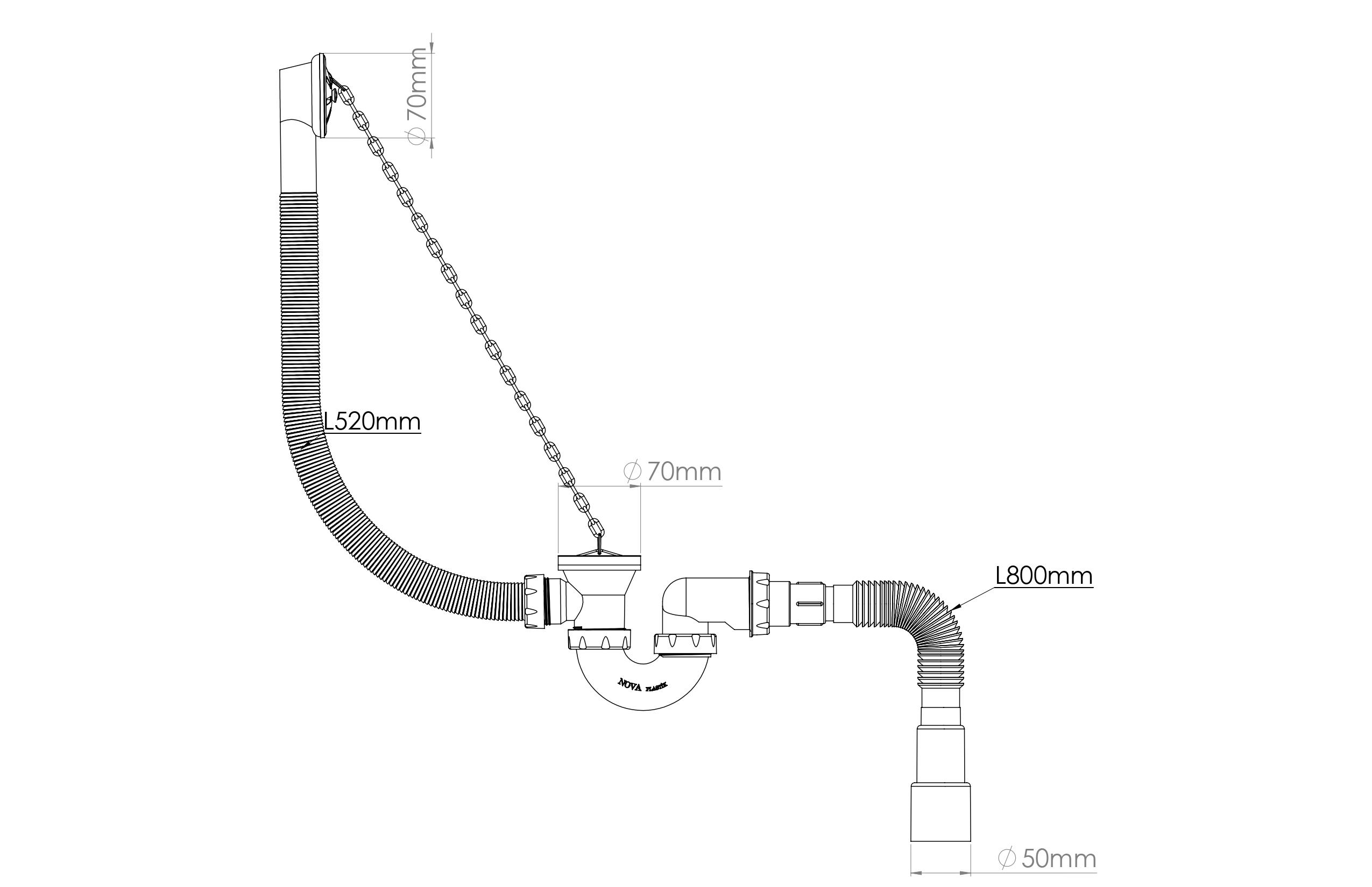 Сифон для ванни Nova 1520N прямоточний випуск 70 мм з пластиковим ланцюжком - фото 2