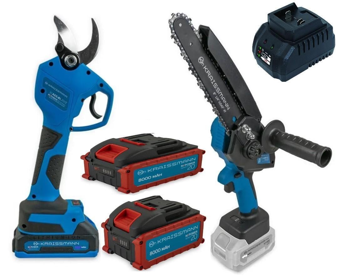 Набор инструмента KRAISSMANN цепная мини-пила 2032 AKS-BL 20/секатор 31 AGS-BL 20-2 шина 200 мм/2 аккумулятора 8 Ач (22815102)