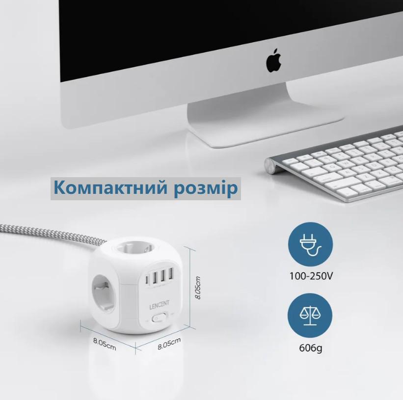 Удлинитель LENCENT с 4 розетками переменного тока 3USB/Type-C 3 м Белый (73999729) - фото 7