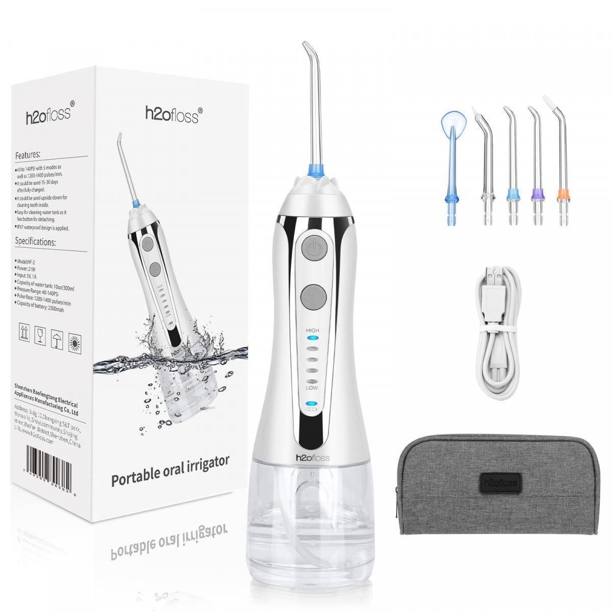 Ирригатор h2ofloss hf-2 портативный 5 насадок Белый (7050)