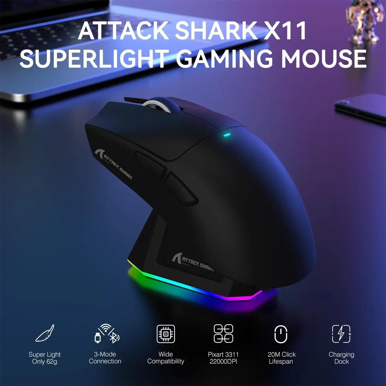Мышка компьютерная беспроводня Attack Shark X11 и док-станция 22000dpi Black Graptape (2498232189) - фото 2