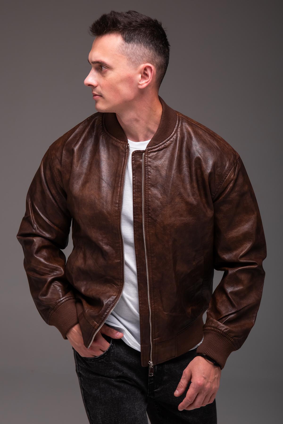 Бомбер чоловічий з еко шкіри весняно-осінній XXL Коричневий (2410/1/4)